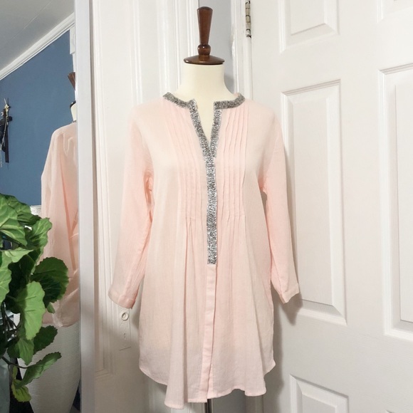 Chico’s Blush Pink Tunic Blouse Beaded Collar - Picture 2 of 8